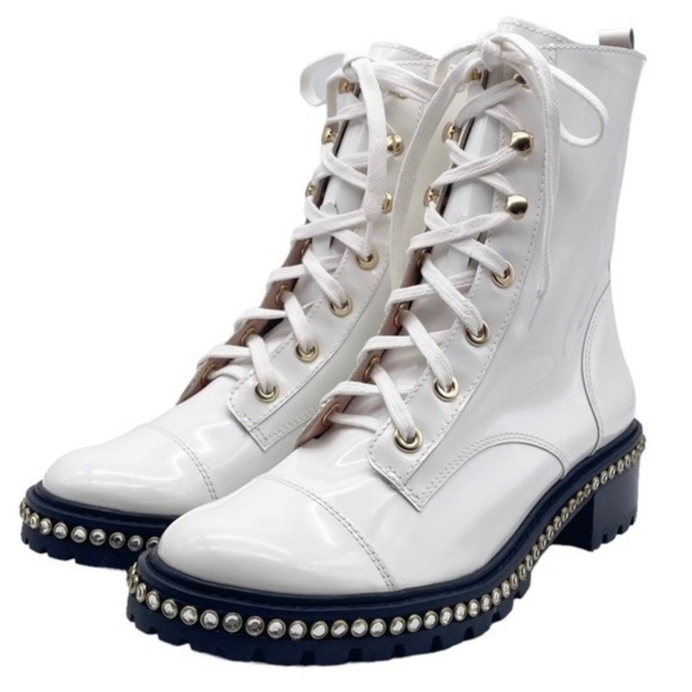NWT Schutz “Andorra” white patent leather combat boot w/rhinestones